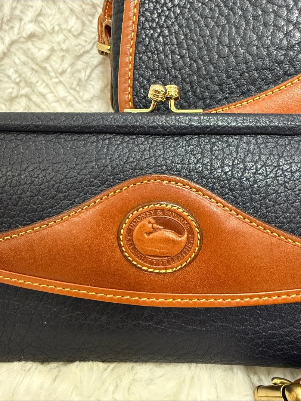Vintage Dooney & Bourke Navy and Brown Leather Crossbody Bag with Wallet
